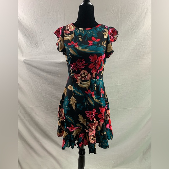 Boho Floral Print Ruffle Trim Dress Black - Picture 6 of 9